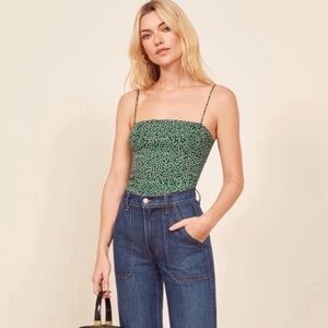 Reformation Green and White Smocked Floral Cami